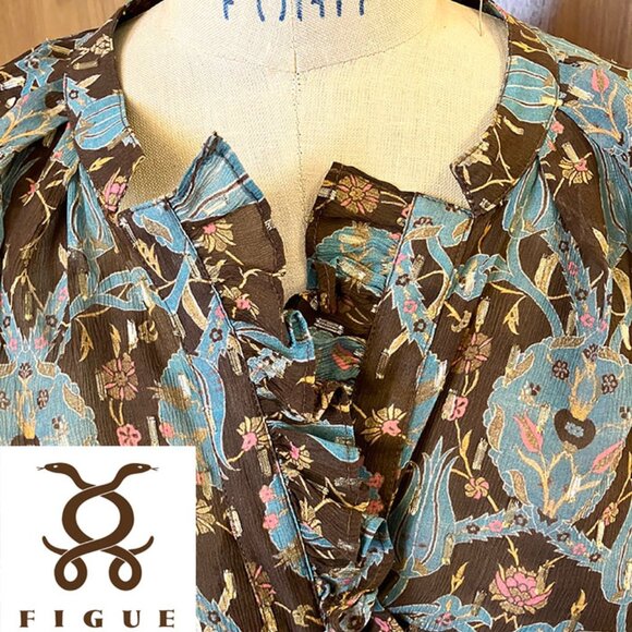 RARE FIGUE long sleeve "poet" blouse, ruffled, silk with metallic thread, S-M - Picture 3 of 6